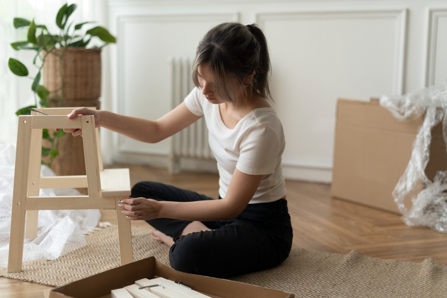 Seorang wanita merakit furniture kayu.