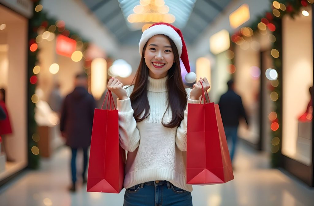 Seorang wanita sedang memegang tas belanja dengan tema Natal
