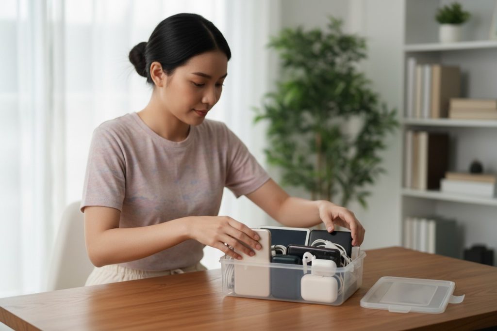 Seorang wanita menyimpan gadget yang dia miliki di sebuah kotak plastik.