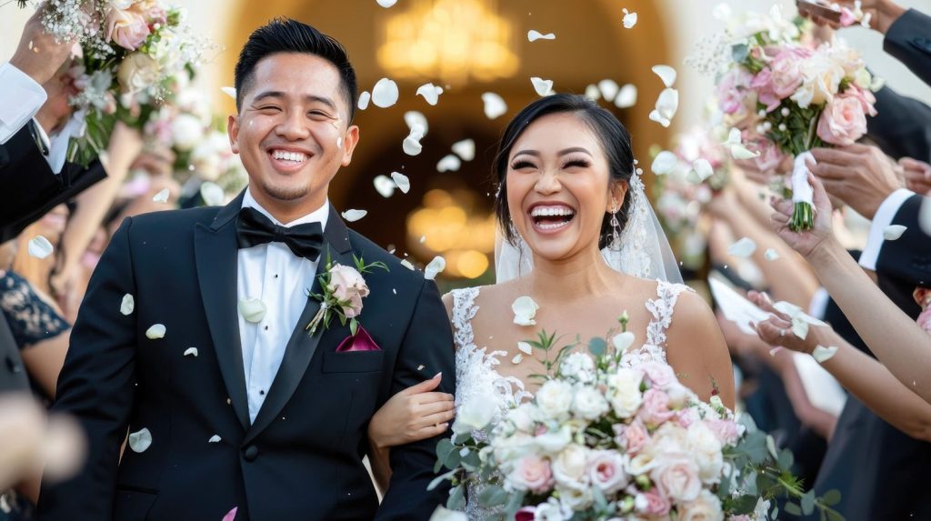 Sepasang pengantin tersenyum bahagia di pesta pernikahan mereka.