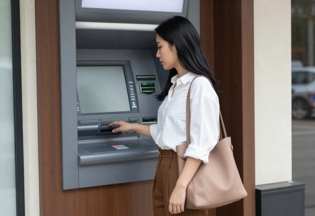 Seorang wanita sedang menggunakan ATM