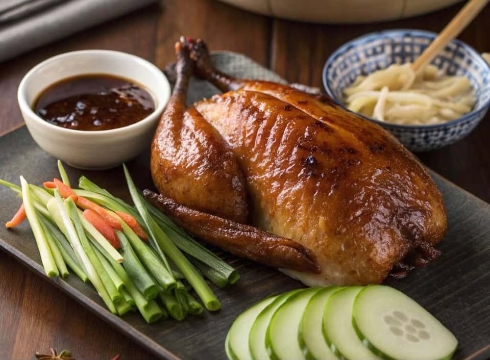 Ayam panggang utuh dengan saus hoisin makanan khas Imlek