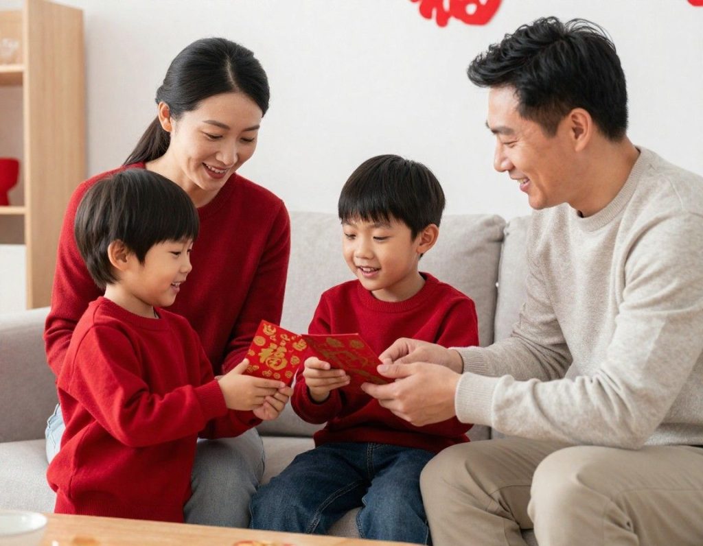 Ayah dan Ibu membagikan angpao ke kedua anaknya sebagai tradisi Imlek.