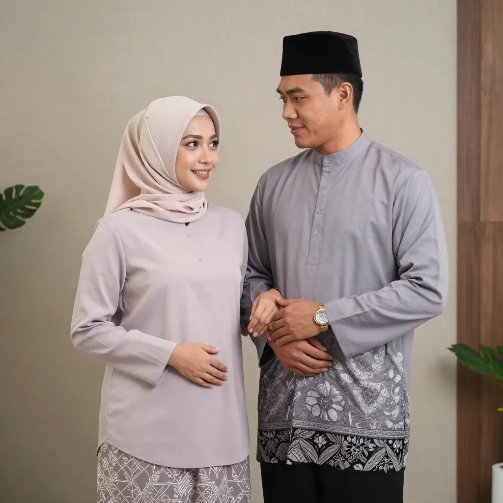 Seorang wanita dan pria memakai pakaian atau baju Lebaran.
