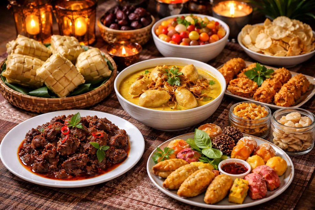 Potret makanan khas Lebaran yang diletakkan di atas meja mulai dari opor ayam, ketupat, sampai rendang
