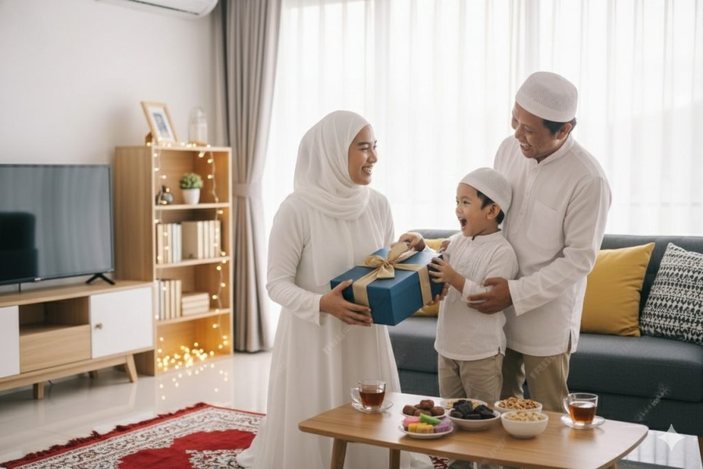 Keluarga kecil merayakan libur Lebaran bersama di rumah dengan bertukar kado.