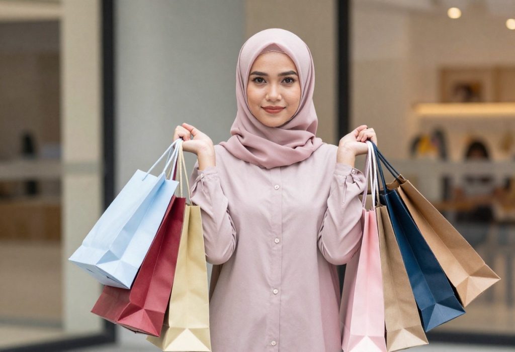 Seorang wanita berjilbab membawa banyak tas belanja