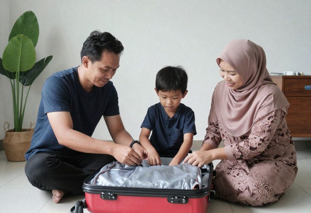 Sebuah keluarga Muslim sedang memasukkan baju ke dalam koper untuk persiapan mudik Lebaran
