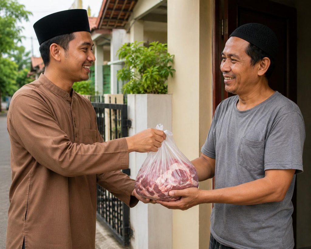 Seorang pria membagikan daging kurban ke pria lainnya.