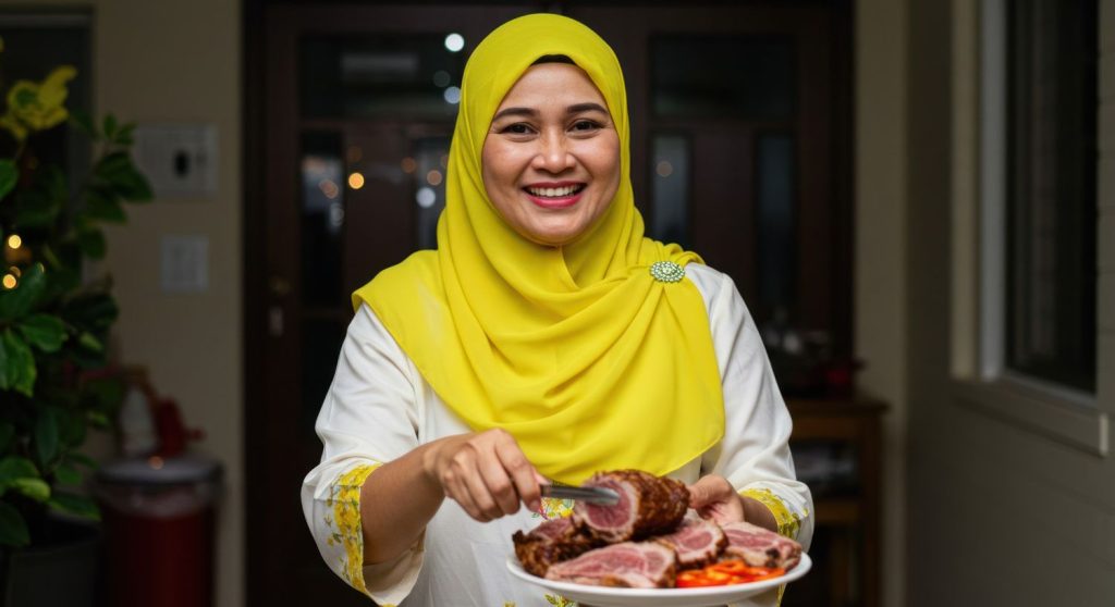Seorang wanita berhijab kuning menyajikan hidangan daging kurban