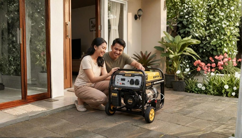 Sepasang suami istri sedang menggunakan genset dari AZKO saat mati lampu