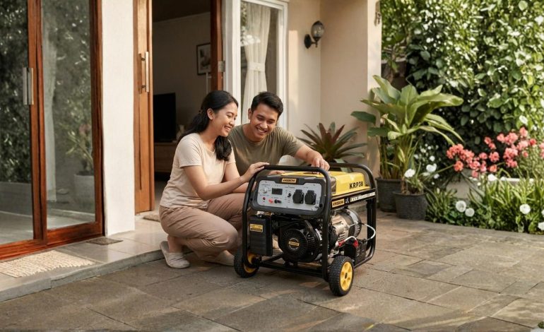 Sepasang suami istri sedang menggunakan genset dari AZKO saat mati lampu
