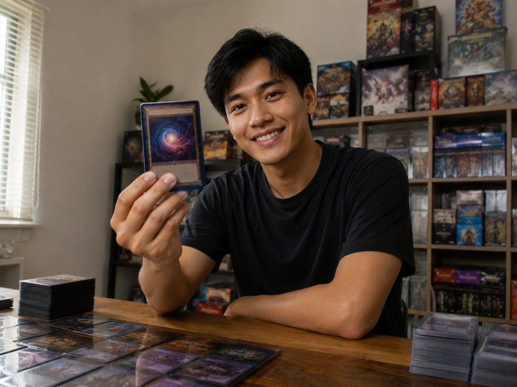 A man holding a trading card, a part of his trading card collection at home