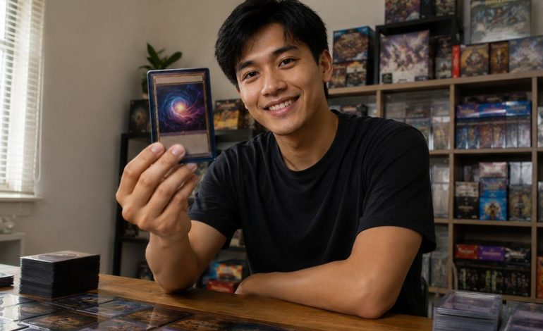 A man holding a trading card, a part of his trading card collection at home